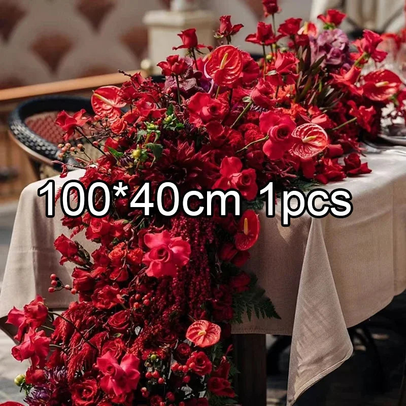 Artificial 5D Red Rose Anthurium Table Runner Centerpiece for Weddings
