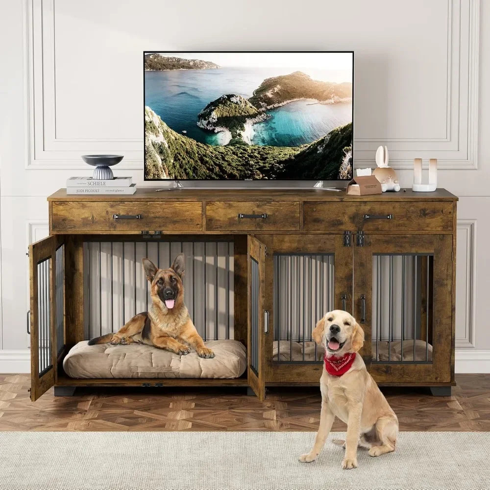 Double Dog Crate Furniture With Divider And Drawers
