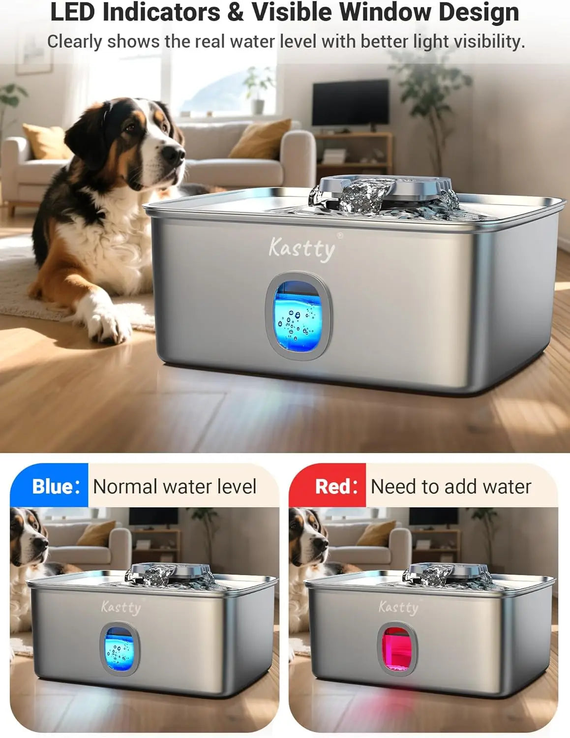 Stainless Steel Dog Water Fountain With Triple Filtration LED