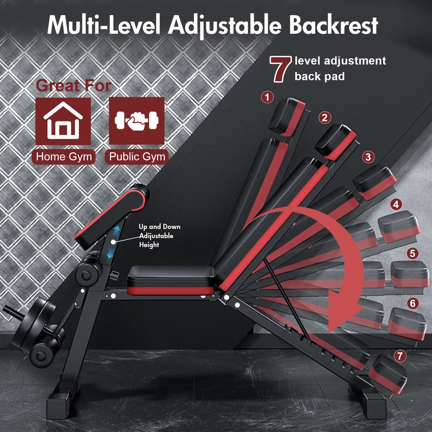 Foldable 7 Level Weight Bench With Adjustable Headrest For Strength Training