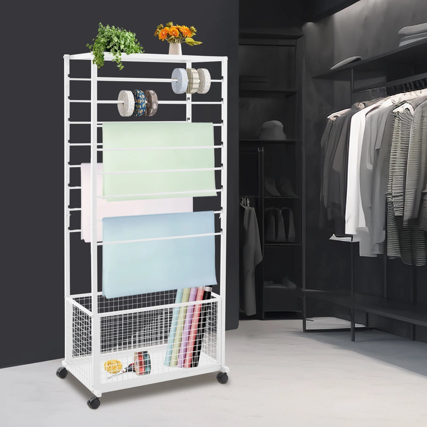 Ribbon Organizer Rack With Top Shelf And Storage Basket