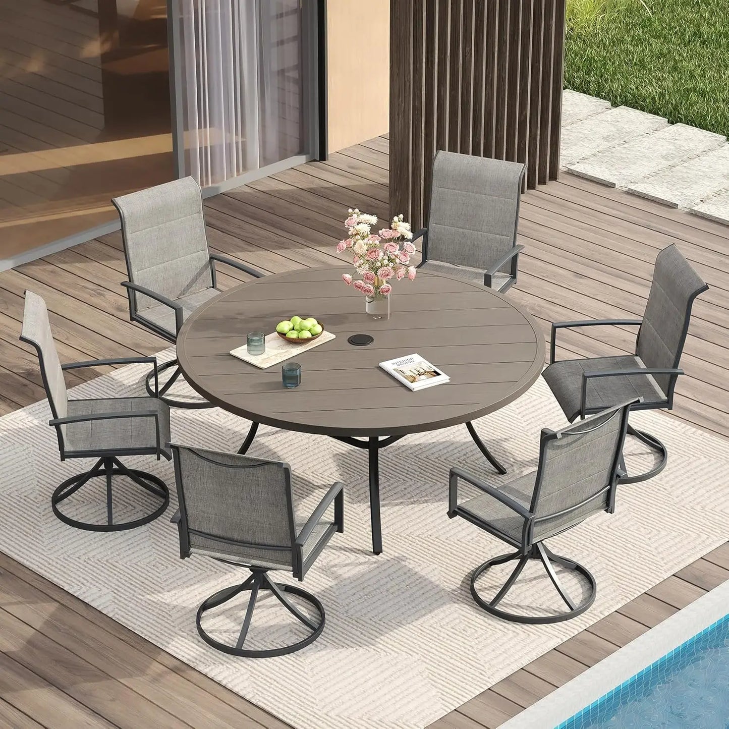 Patio Dining Set for Six Round Table and Swivel Chairs