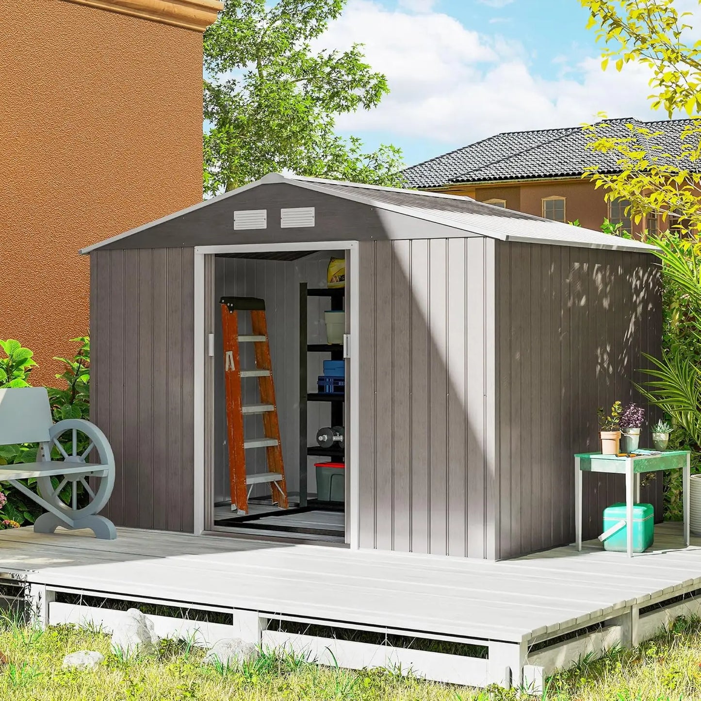 Metal Outdoor Storage Shed Sloping Roof With Double Lockable Doors