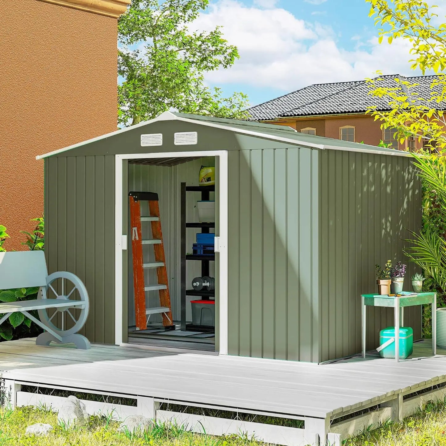 Metal Outdoor Storage Shed Sloping Roof With Double Lockable Doors