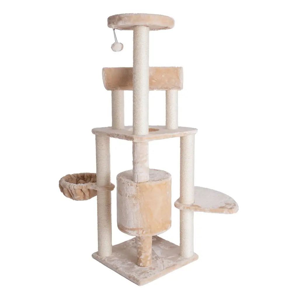 Cat Tower With Basket Lounge Ramp Condo Sisal Rope Wood Base Faux Fur