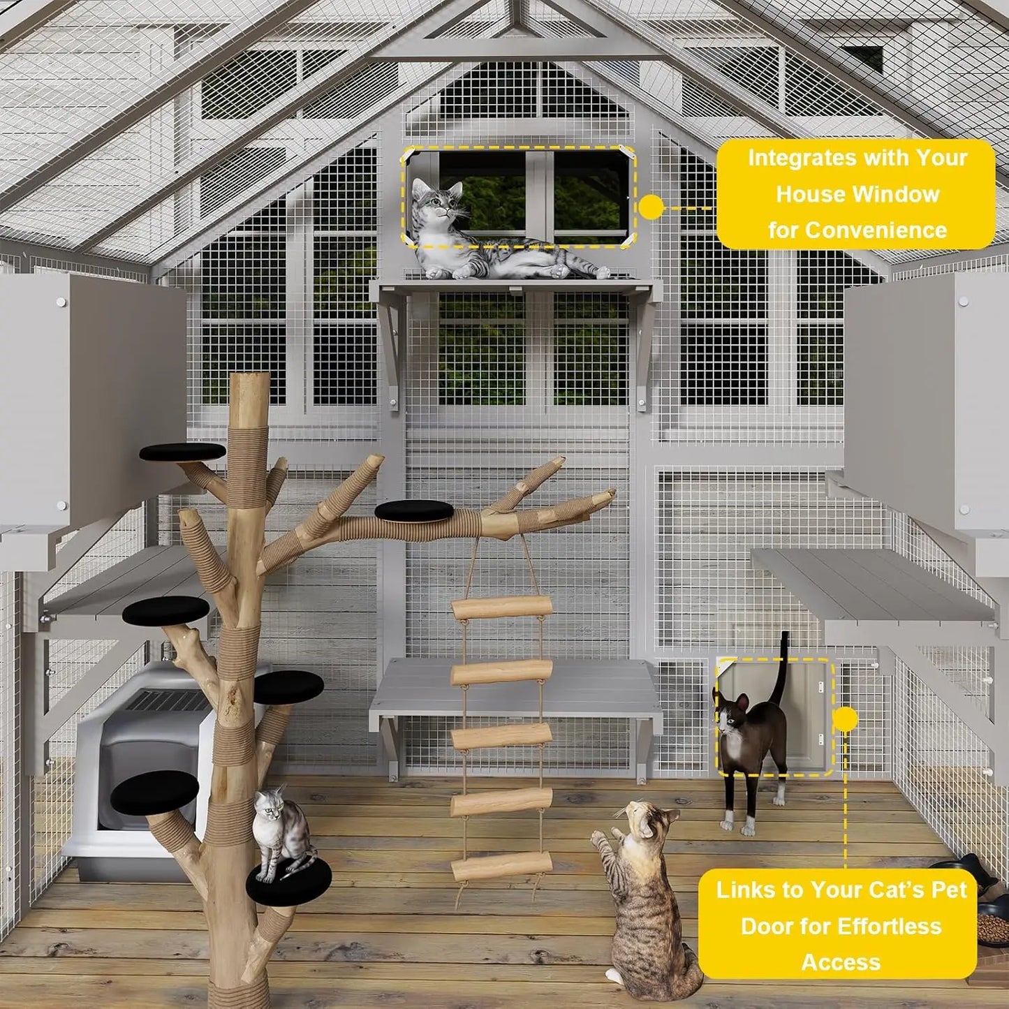 Outdoor Wooden Cat Enclosure With Weatherproof Roof For Multiple Cats