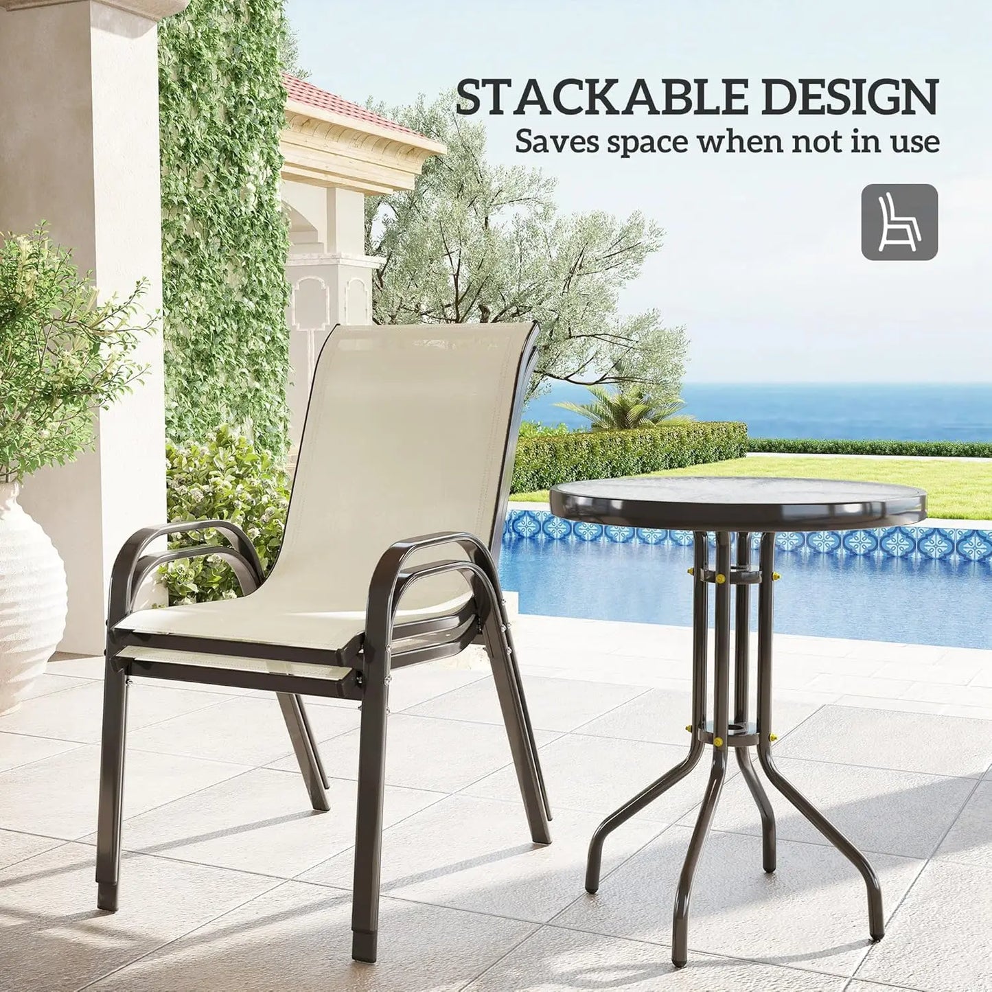 Outdoor 3 Piece Stackable Mesh Bistro Set With Glass Table