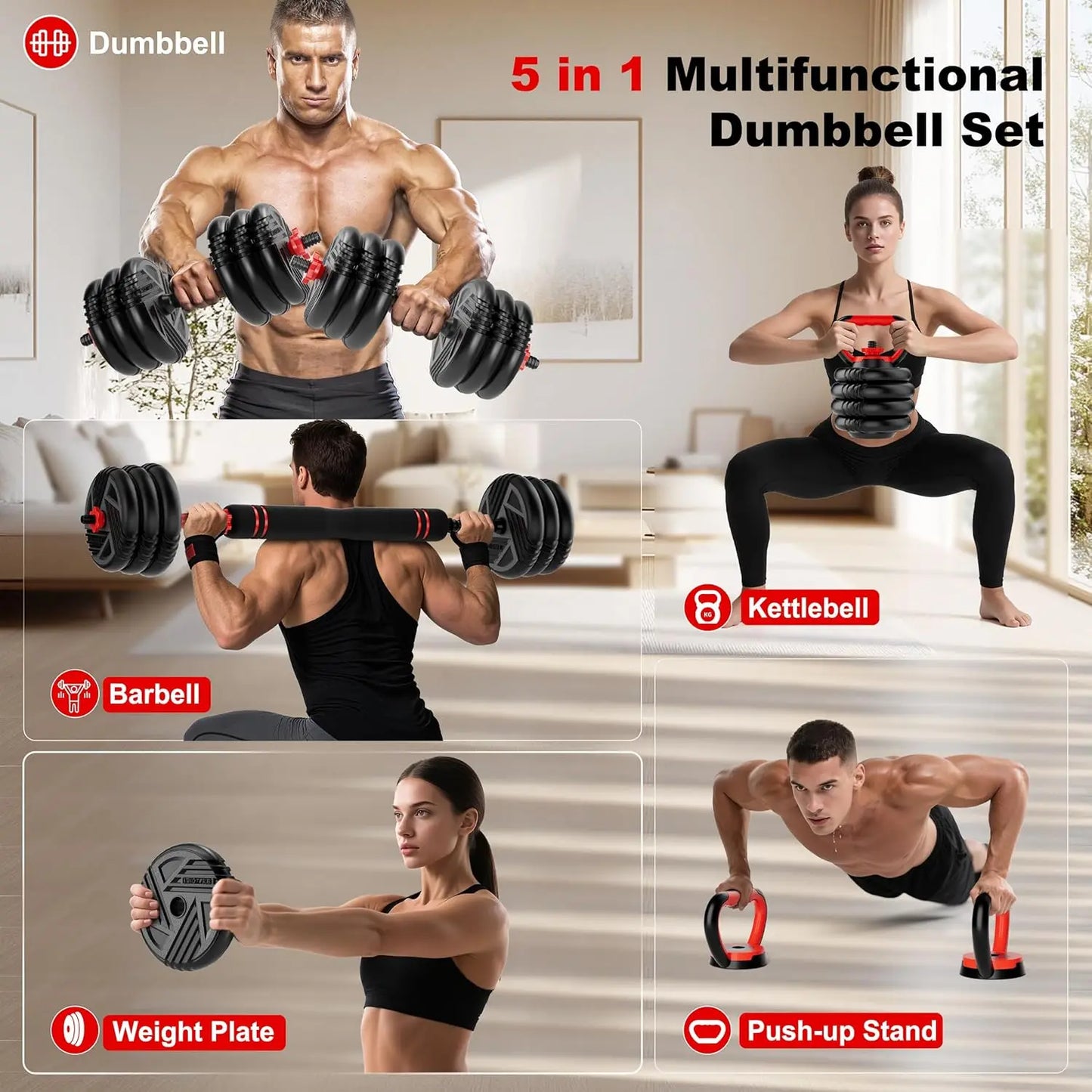 5-In-1 Adjustable Dumbbell Set Converts To Barbell And Kettlebell