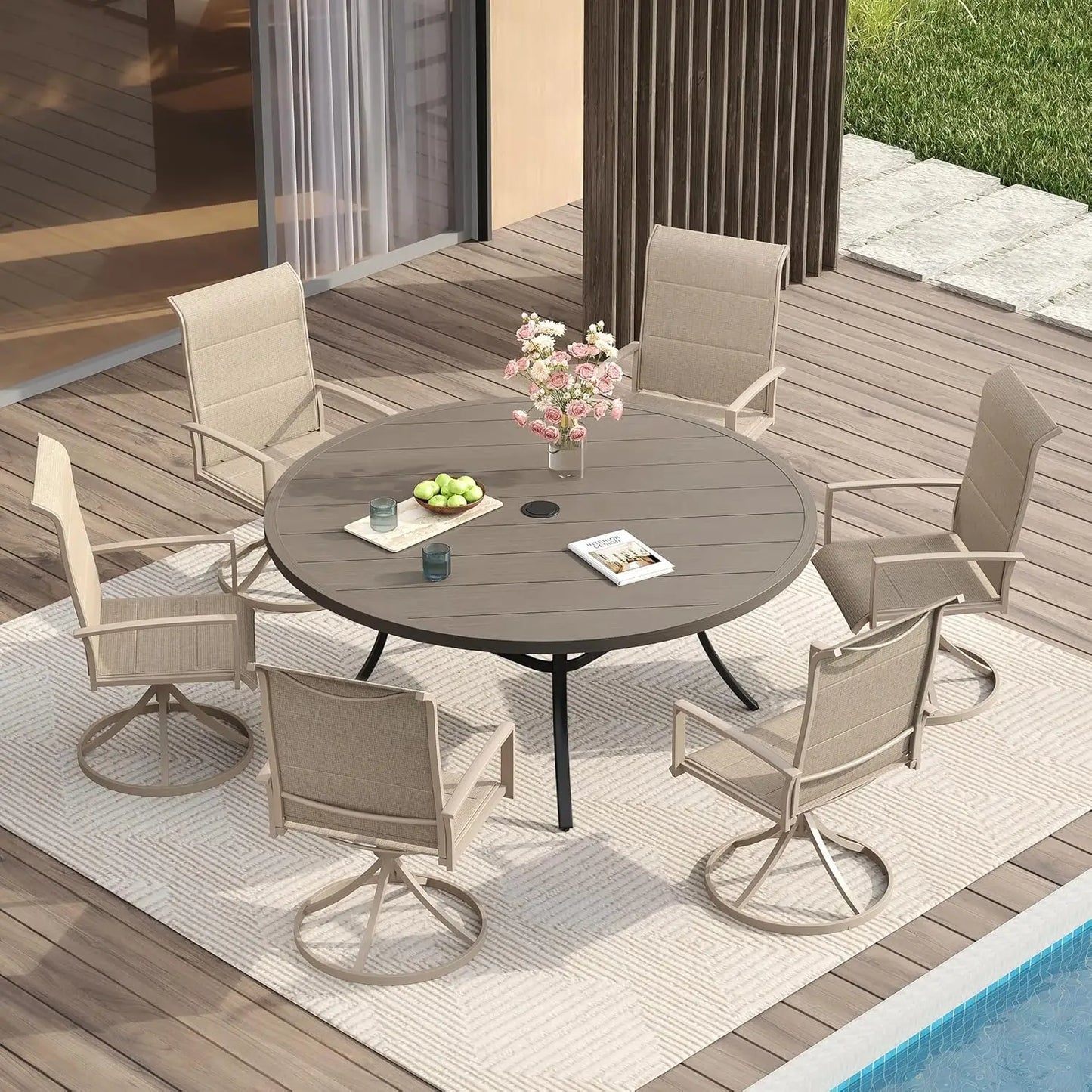 Patio Dining Set for Six Round Table and Swivel Chairs