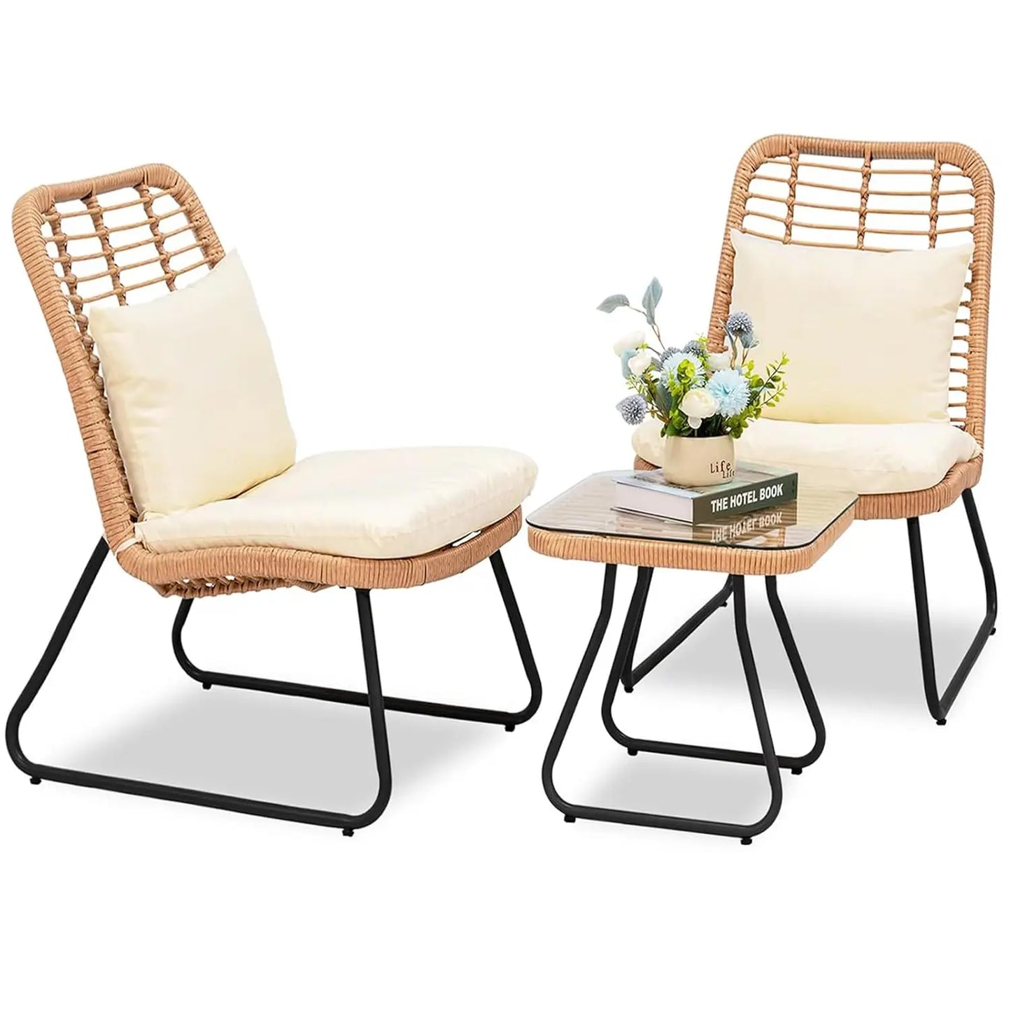 Outdoor Rattan Bistro Set 3-Piece Cushioned Conversation Set