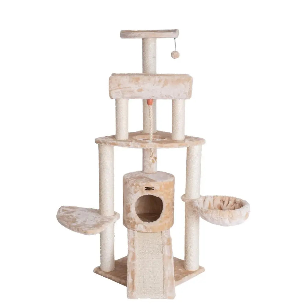 Cat Tower With Basket Lounge Ramp Condo Sisal Rope Wood Base Faux Fur
