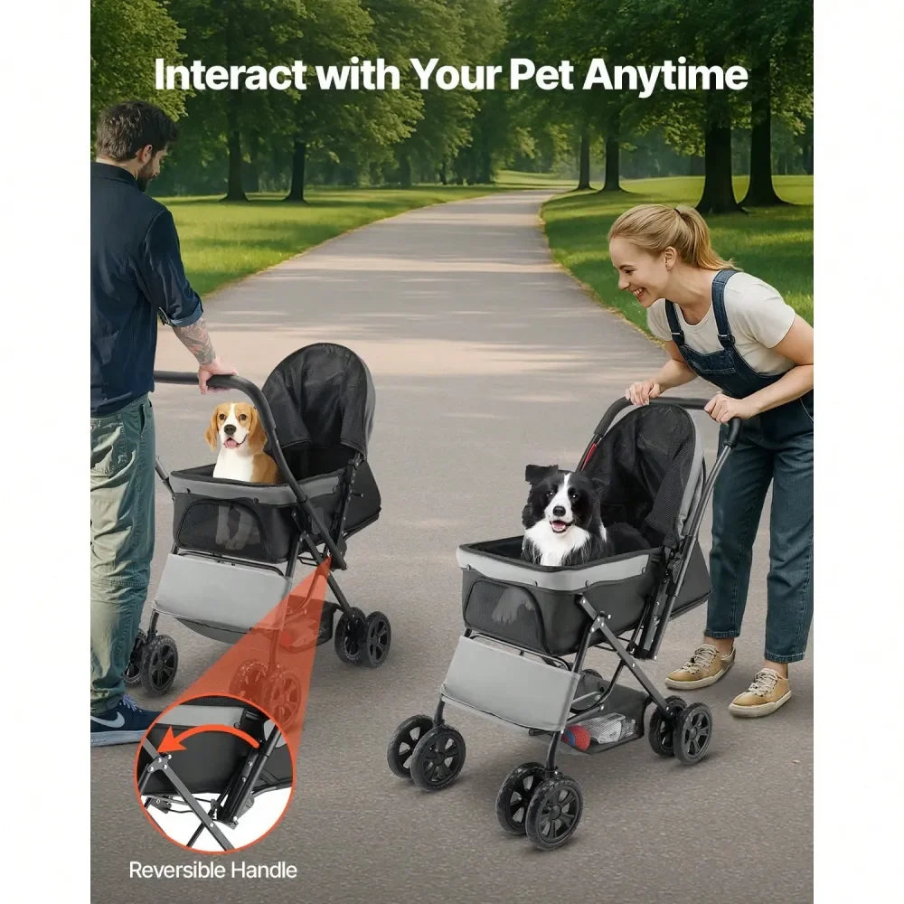 Foldable Dog Stroller Cart With Mesh Windows And Reversible Handle