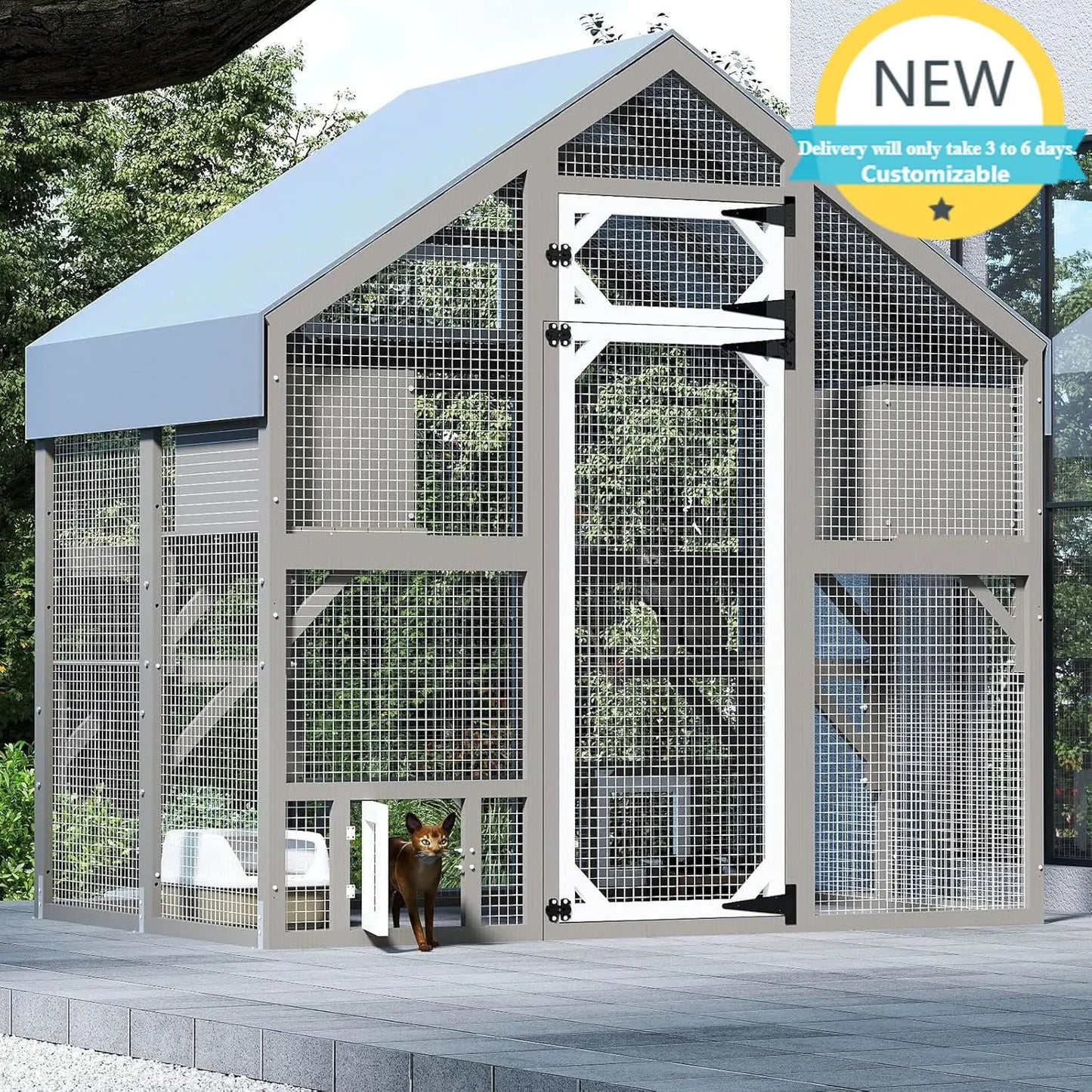 Outdoor Wooden Cat Enclosure With Weatherproof Roof For Multiple Cats