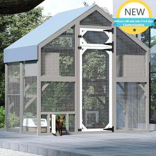 Outdoor Wooden Cat Enclosure With Weatherproof Roof For Multiple Cats