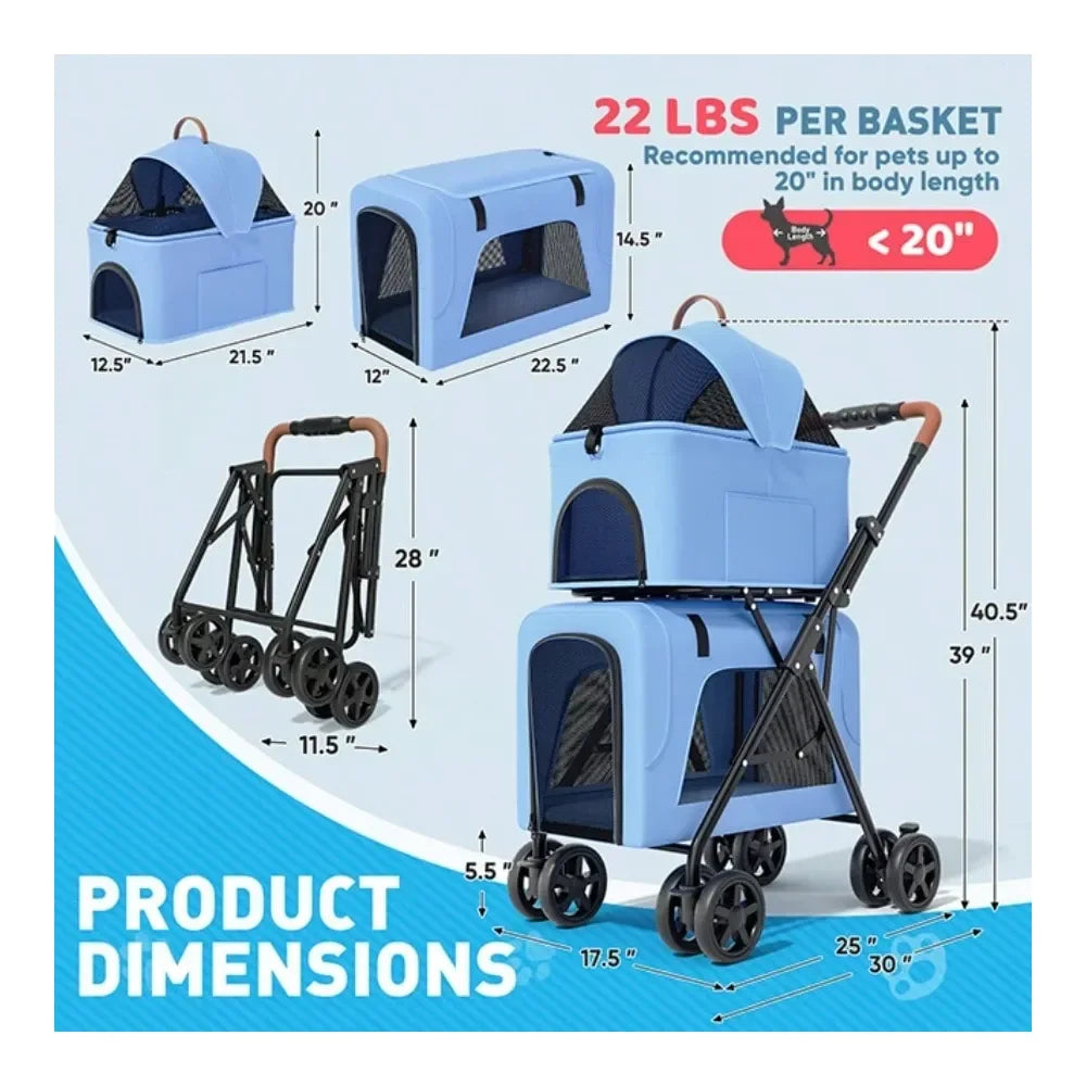 Foldable Double Pet Stroller For Two Small Dogs And Cats