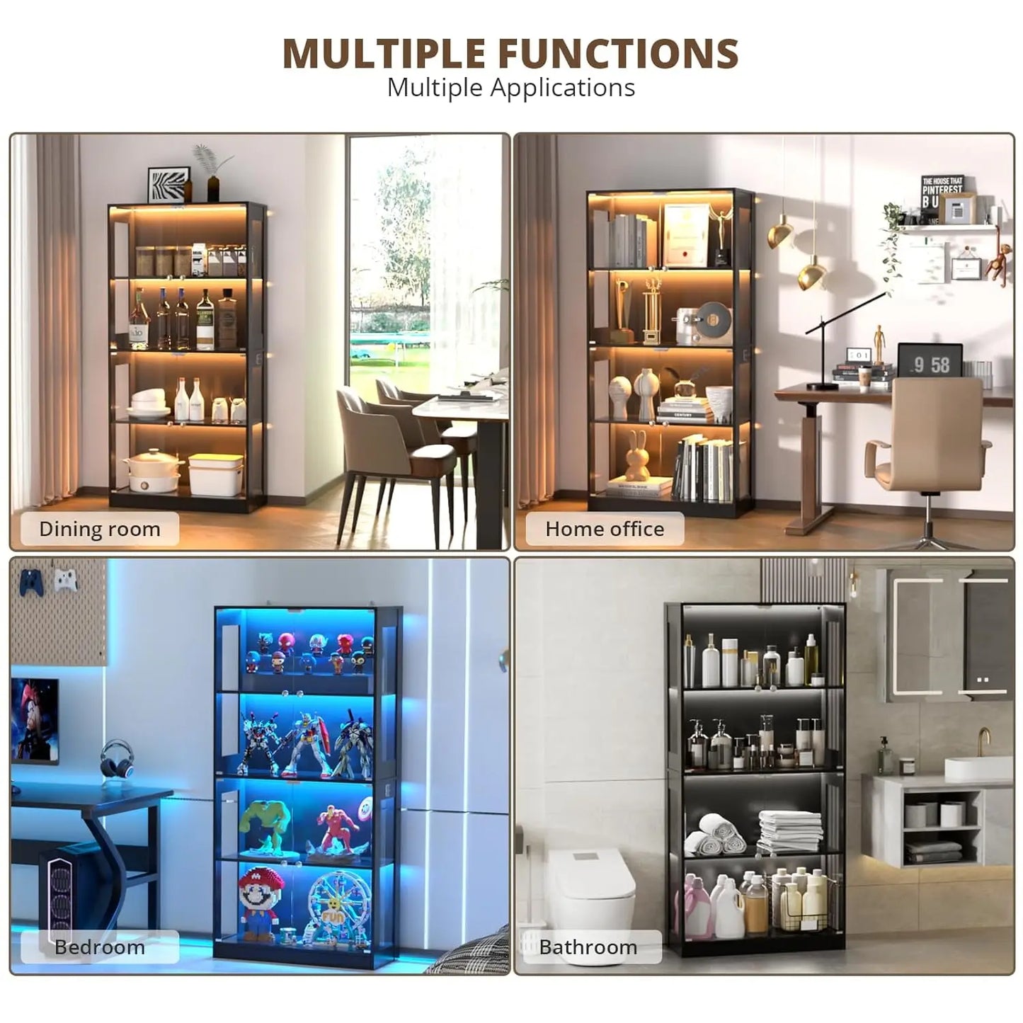 ZHILU Curio Cabinet 4 Tier Glass Display Case For Collectibles