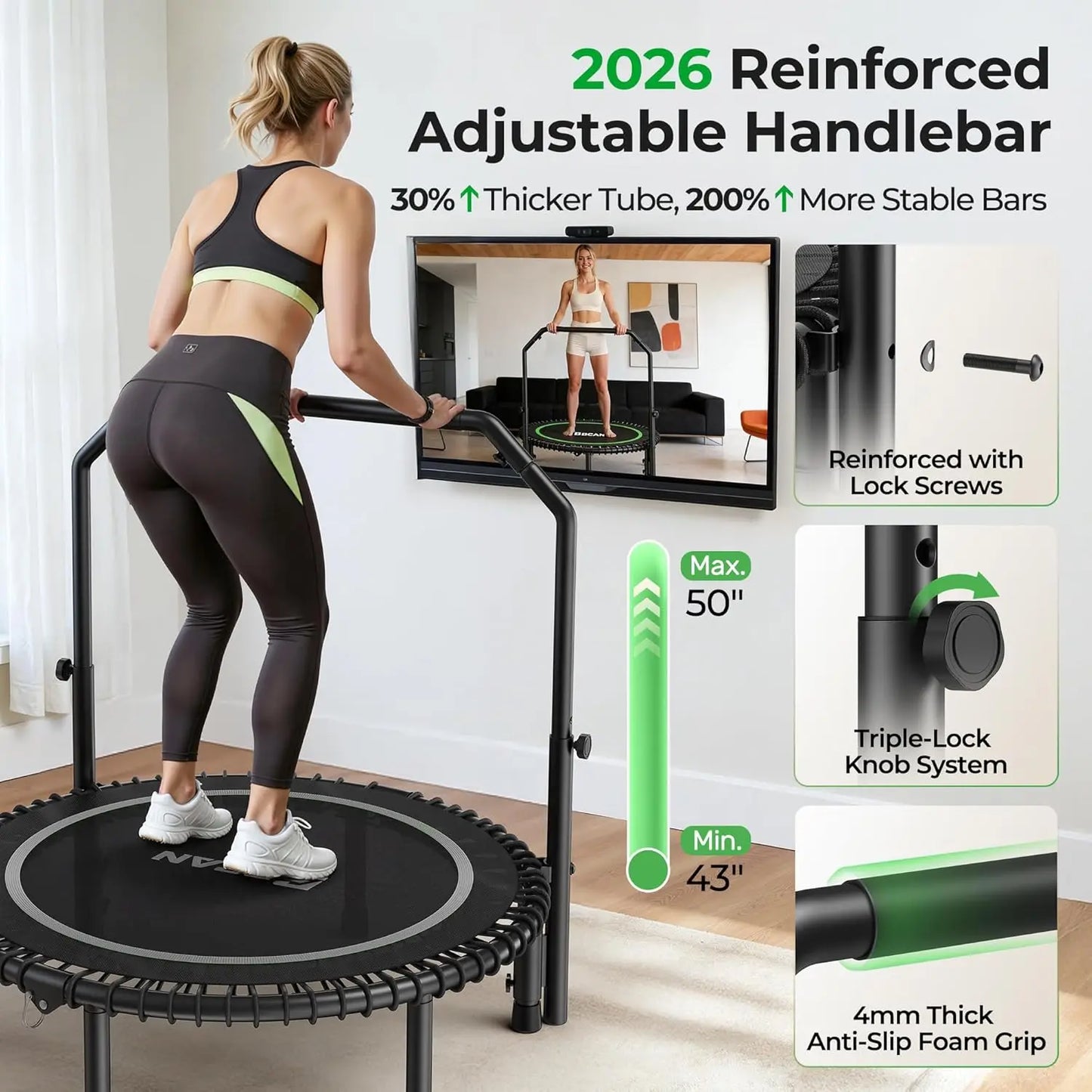 BCAN Mini Rebounder Trampoline With Adjustable Handle For Full Body