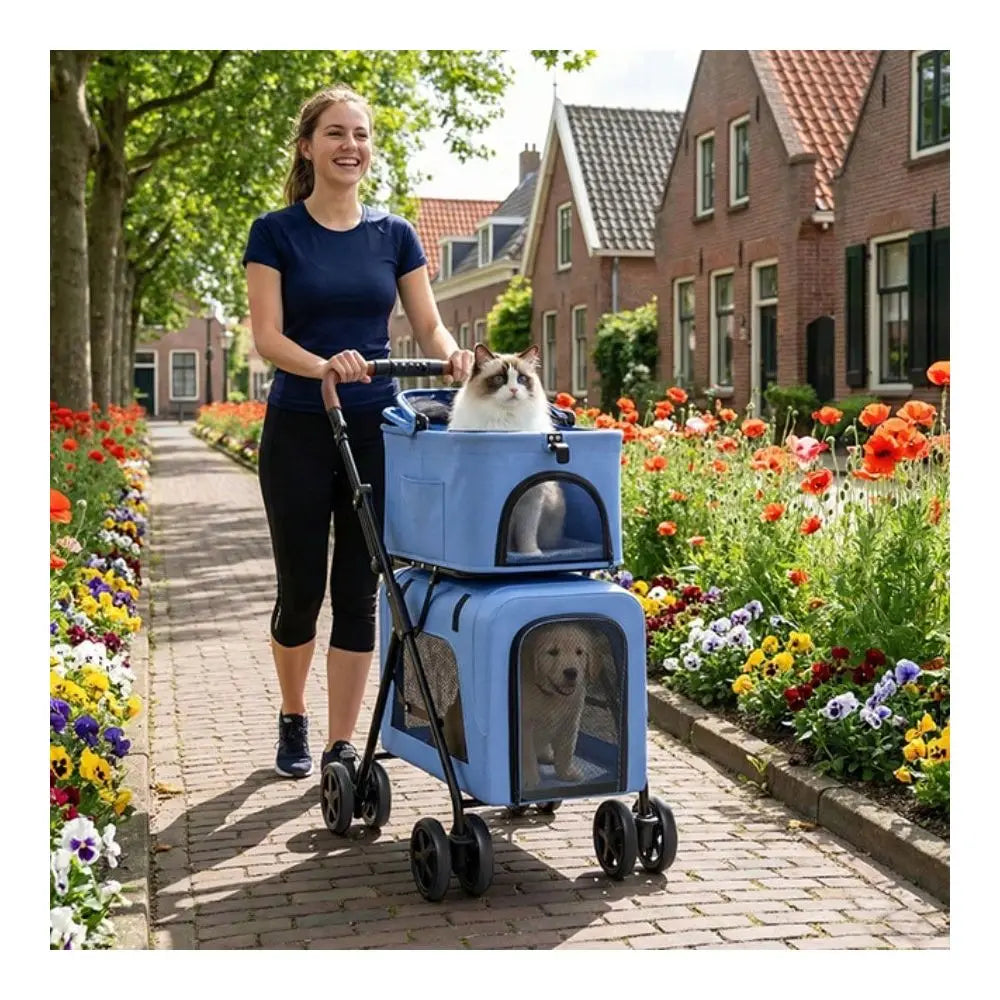 Foldable Double Pet Stroller For Two Small Dogs And Cats