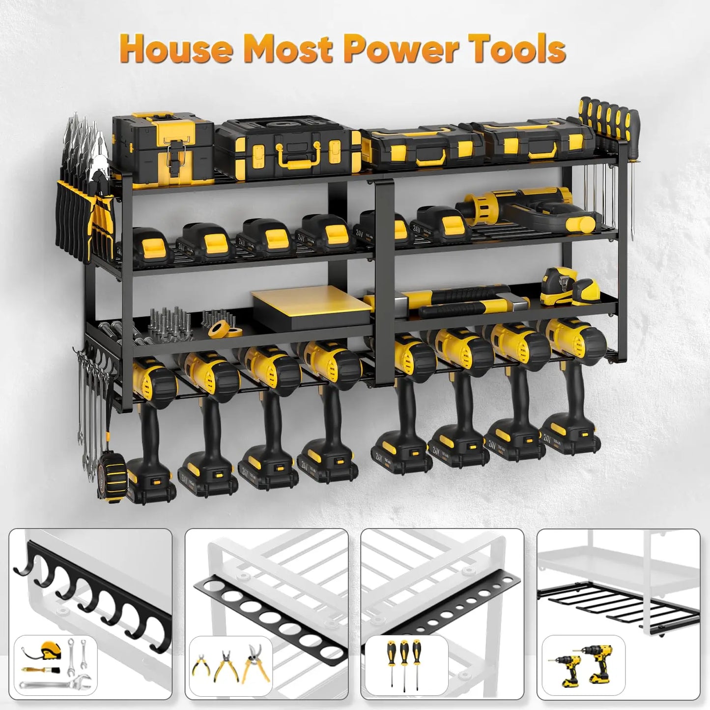 Power Tool Organizer Wall Mount 4-Tier Heavy Duty Drill Storage