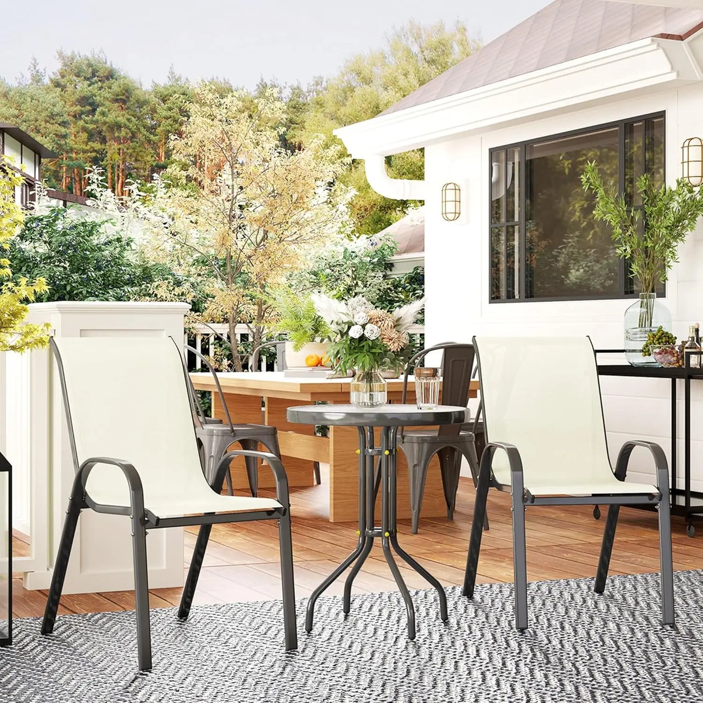 Outdoor 3 Piece Stackable Mesh Bistro Set With Glass Table
