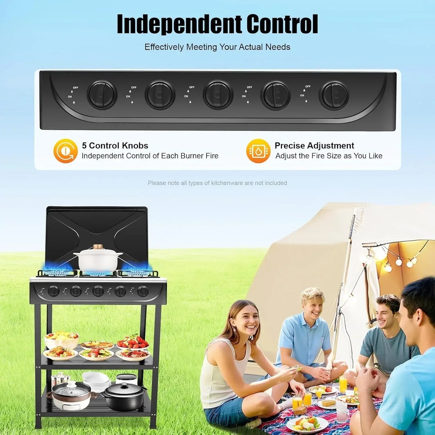 Portable Five Burner Gas Stove With Stand Manual Ignition Wind Shield