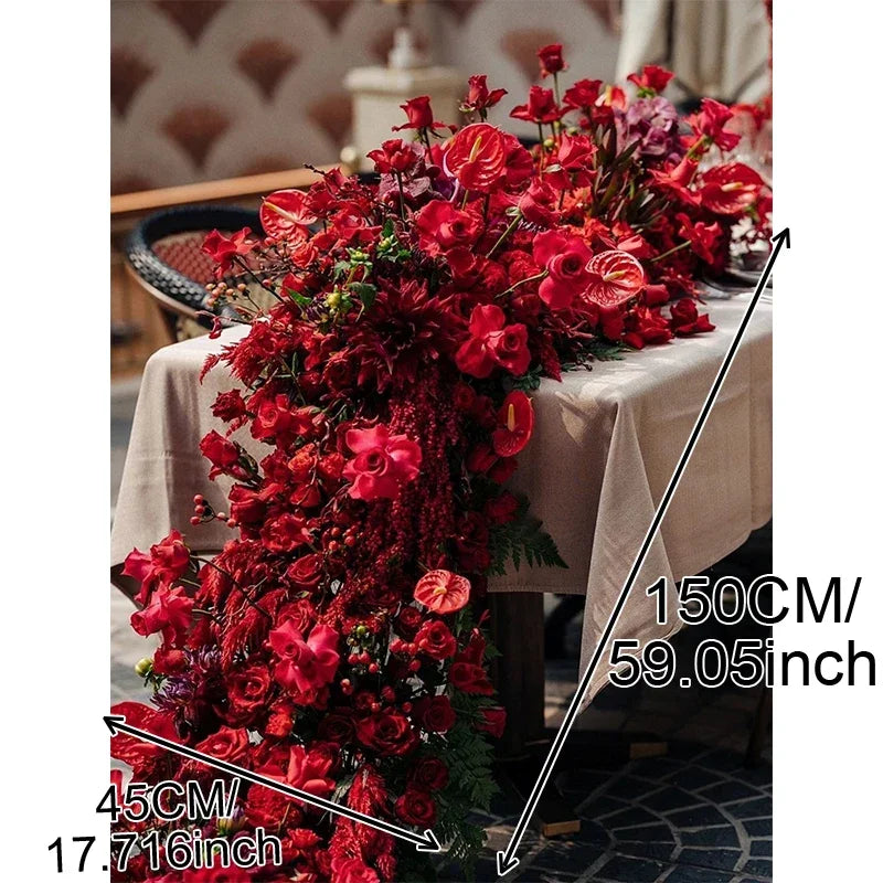 Artificial 5D Red Rose Anthurium Table Runner Centerpiece for Weddings