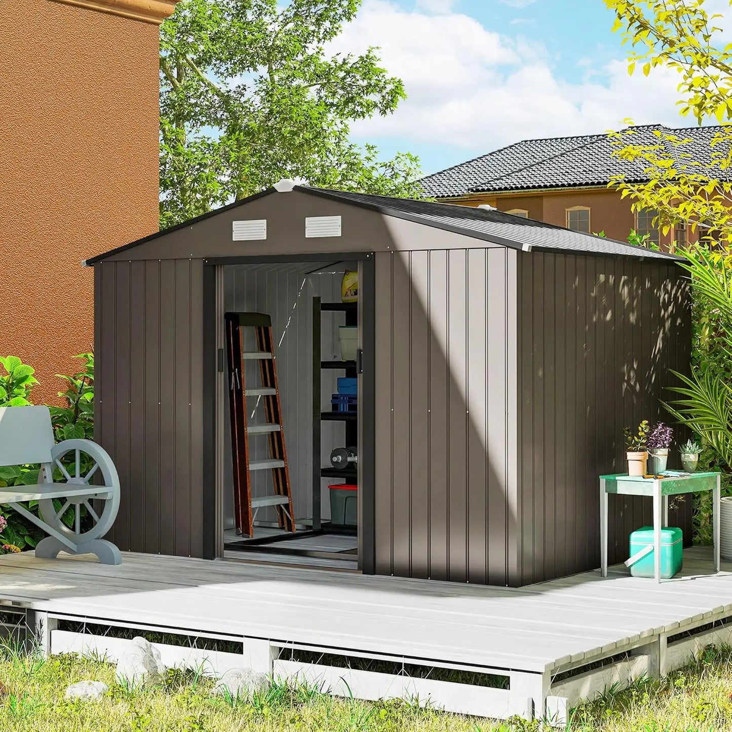 Metal Outdoor Storage Shed Sloping Roof With Double Lockable Doors
