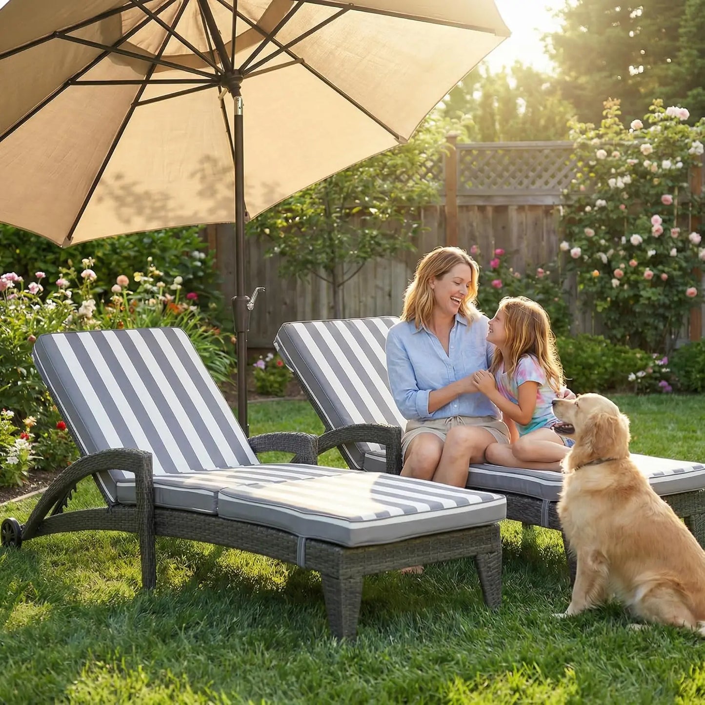 Two 5-Position Adjustable Upholstered Chaise Lounges Outdoor Wicker Set