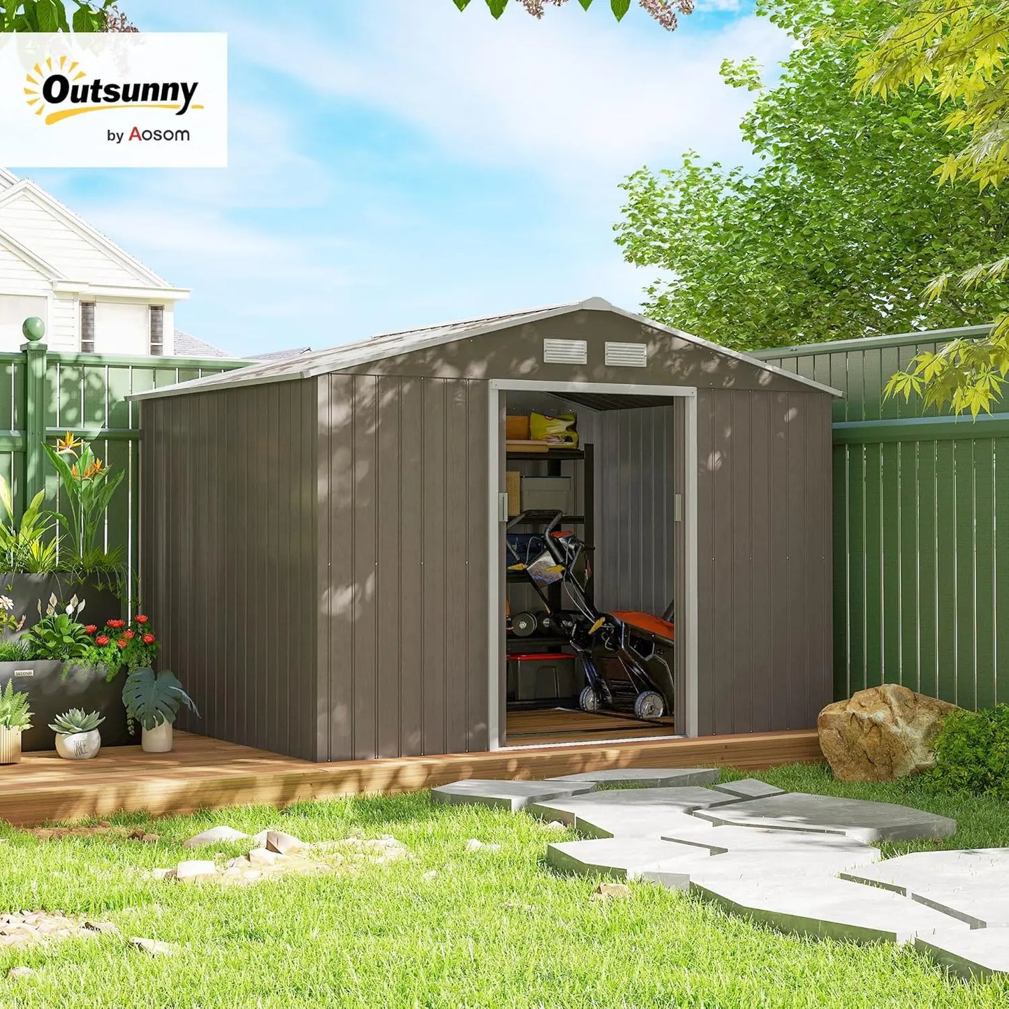 Metal Outdoor Storage Shed Sloping Roof With Double Lockable Doors
