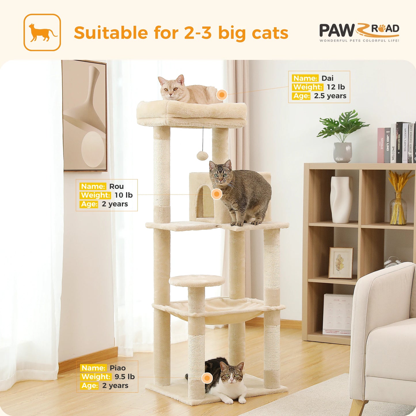 PAWZ Road 5-Level Cat Tower For Indoor Cats With Hammock