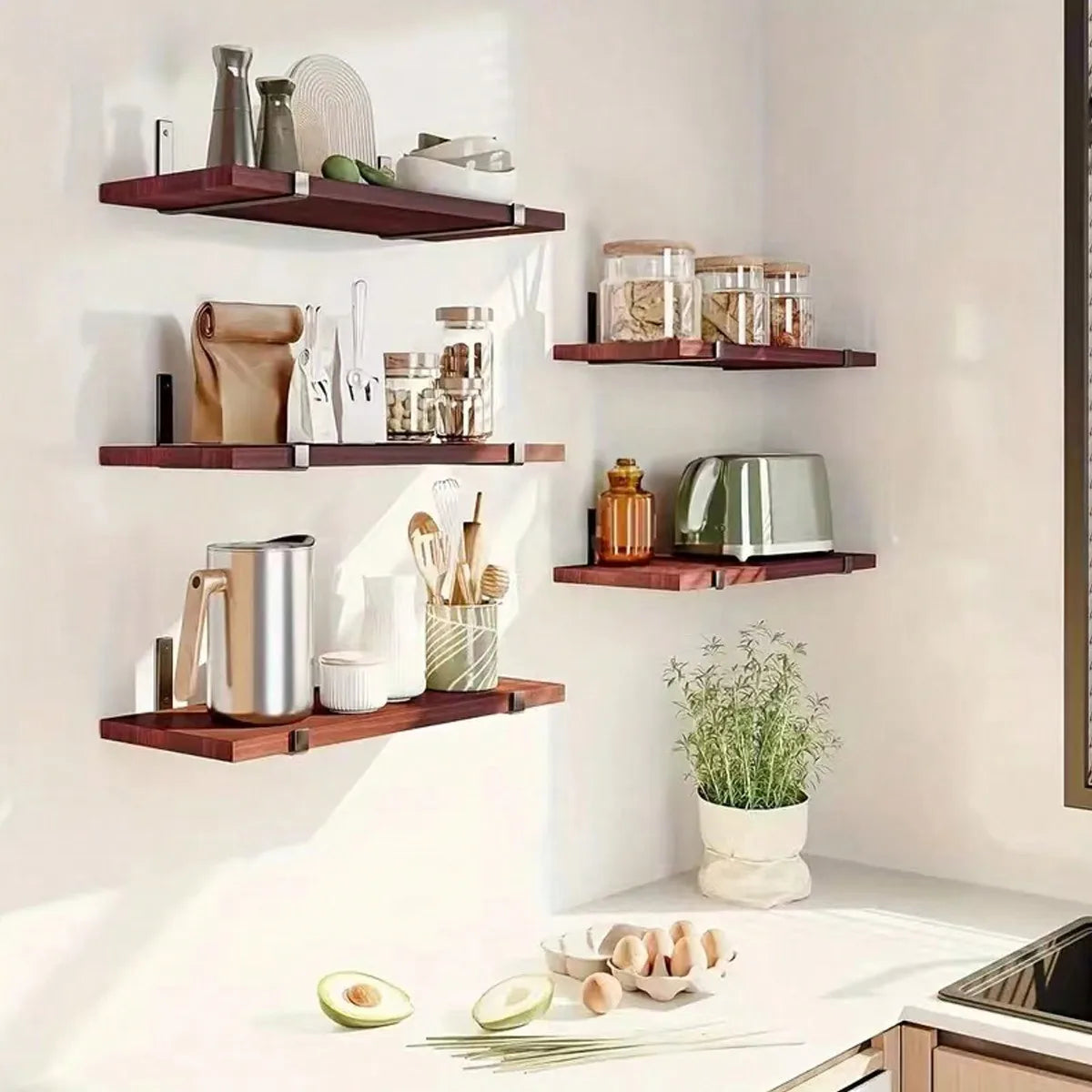 Christmas Room Decor Five Piece Equal Length Floating Wall Shelves