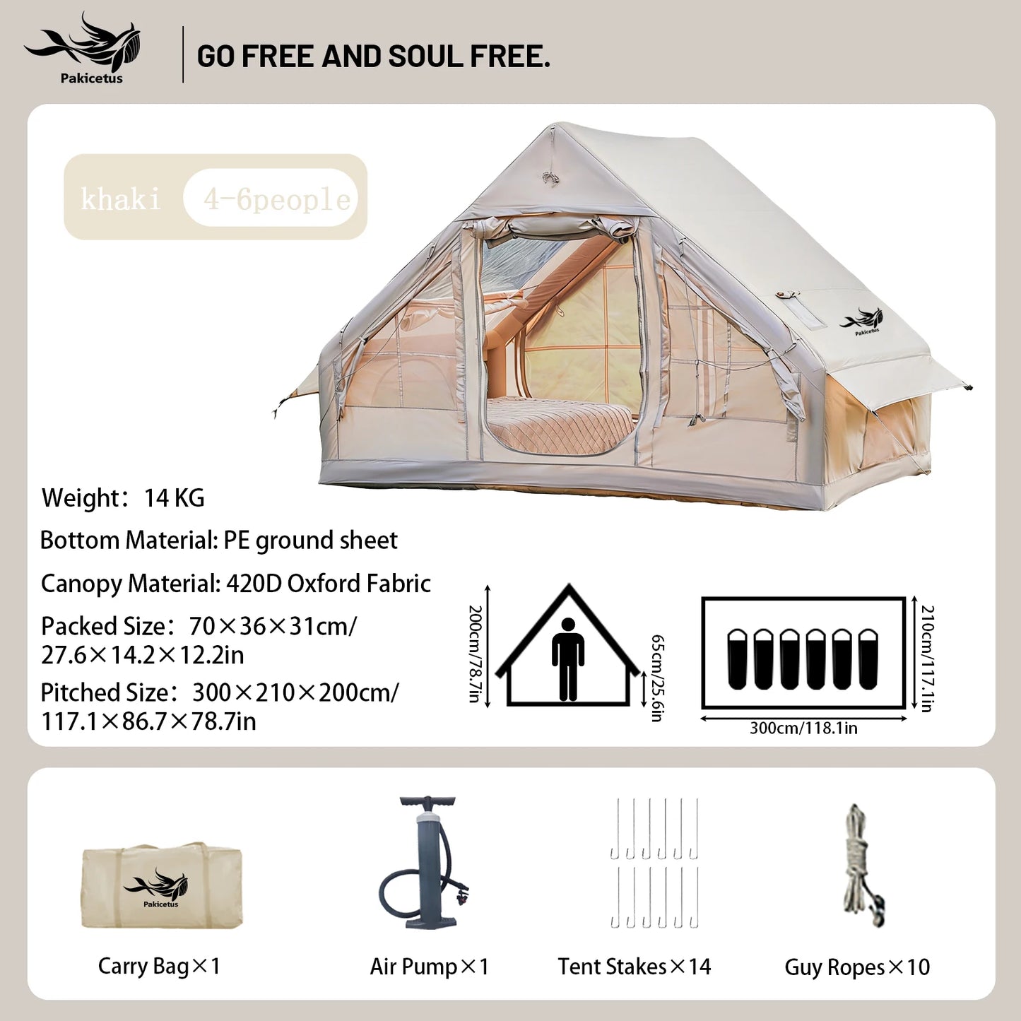 Pakicetus Inflatable Camping Tent Waterproof Family Tent With Carry Bag