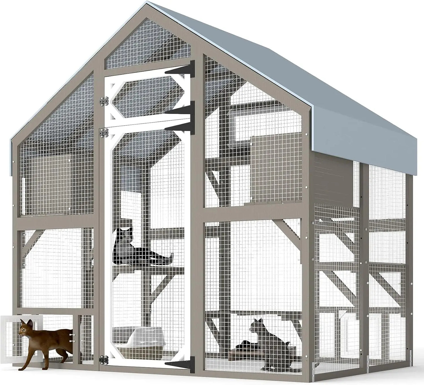 Outdoor Wooden Cat Enclosure With Weatherproof Roof For Multiple Cats