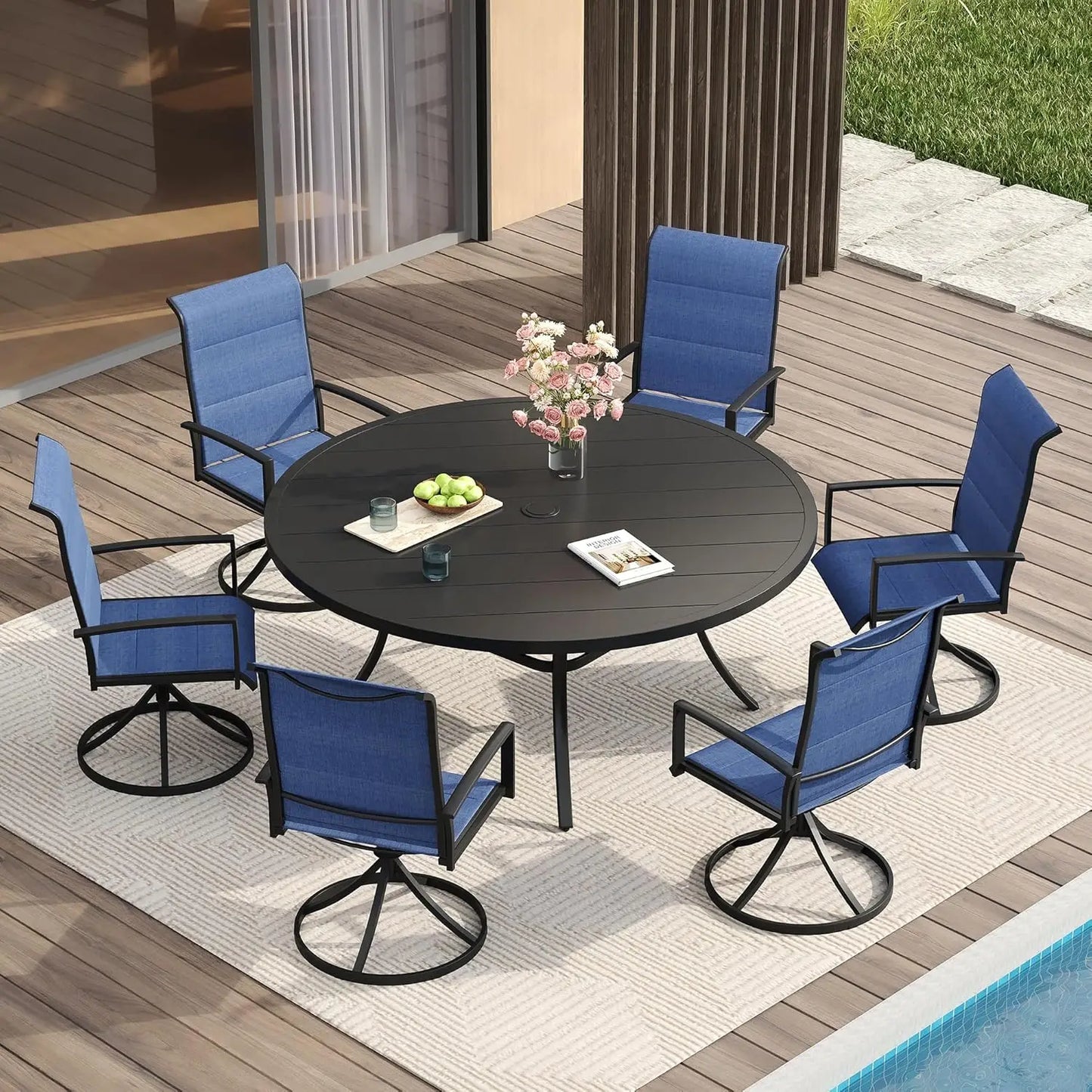 Patio Dining Set for Six Round Table and Swivel Chairs