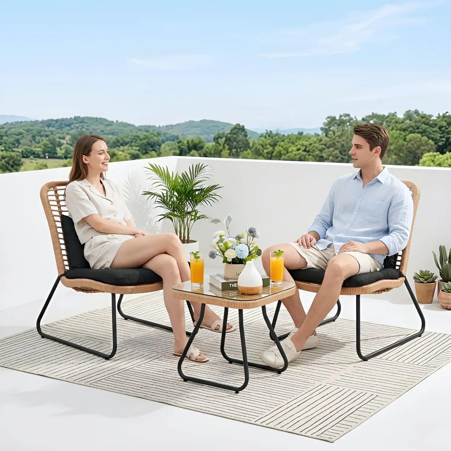 Outdoor Rattan Bistro Set 3-Piece Cushioned Conversation Set