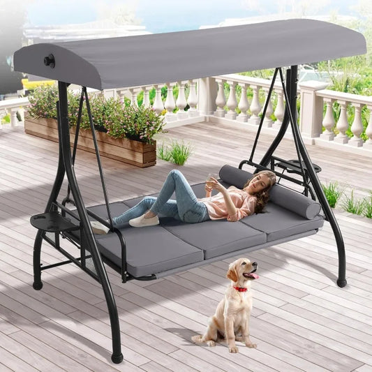 Abo Outdoor Porch Swing With Canopy Cup Holder 3 Seat