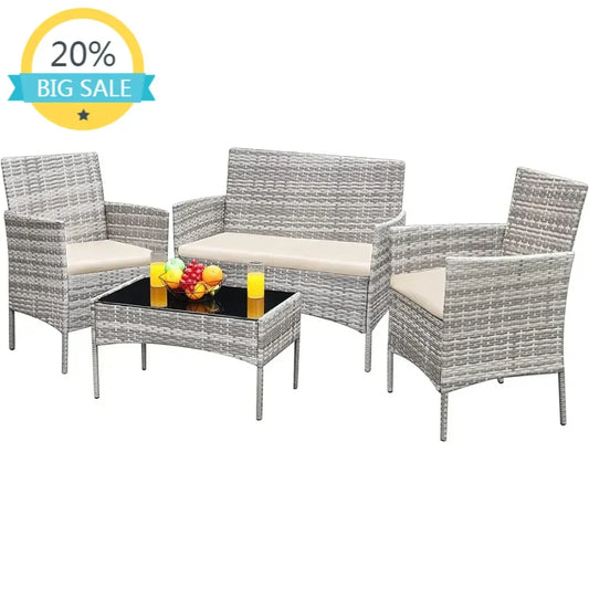 Outdoor Rattan 4-Piece Conversation Set For Patio Garden Balcony