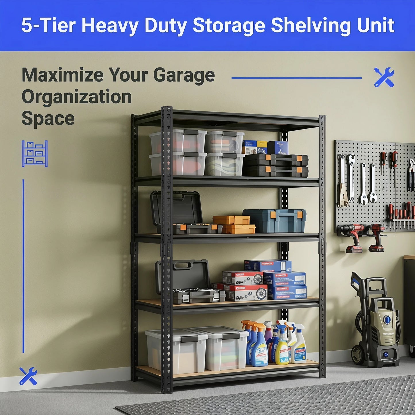 Heavy Duty Metal Storage Shelves, Adjustable Five Tier Unit For Garage