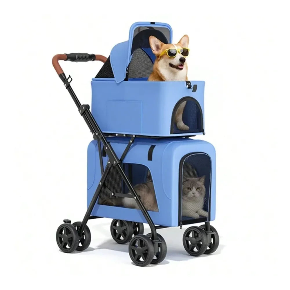 Foldable Double Pet Stroller For Two Small Dogs And Cats