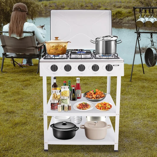 Portable Five Burner Gas Stove With Stand Manual Ignition Wind Shield