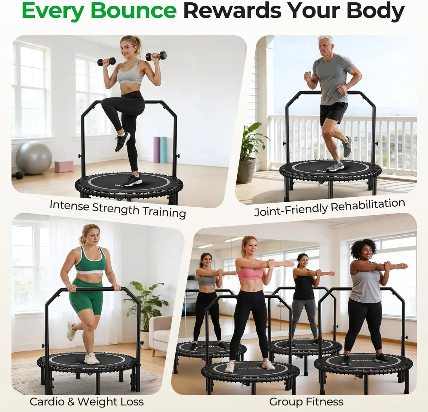 BCAN Mini Rebounder Trampoline With Adjustable Handle For Full Body
