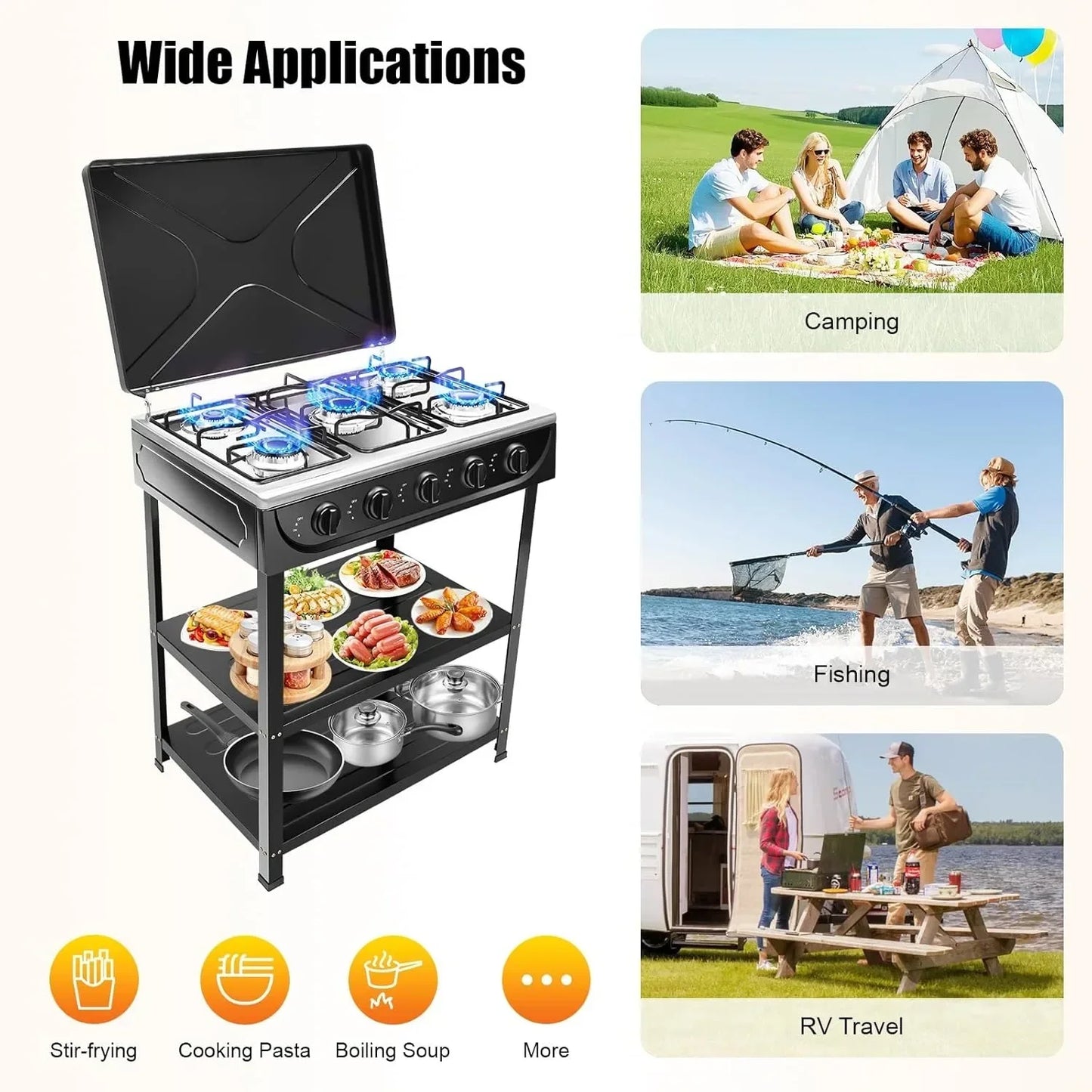 Portable Five Burner Gas Stove With Stand Manual Ignition Wind Shield