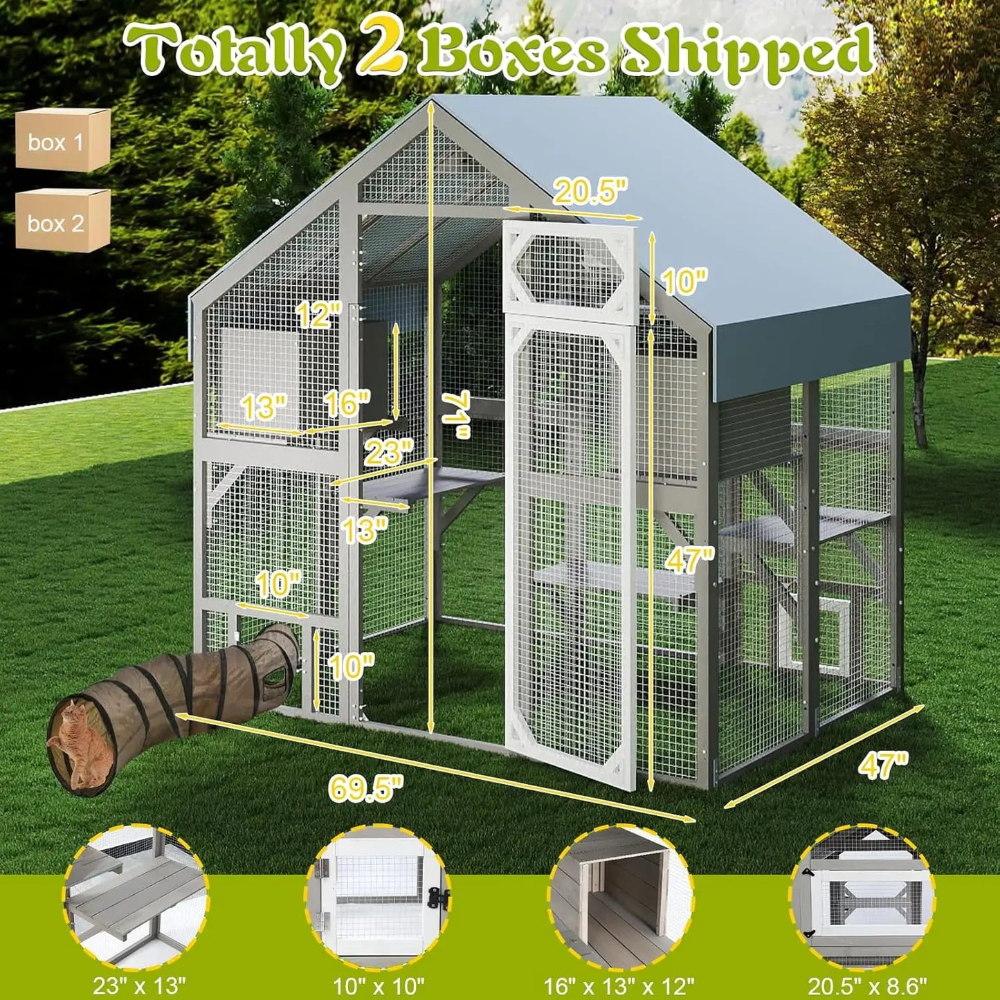 Outdoor Wooden Cat Enclosure With Weatherproof Roof For Multiple Cats