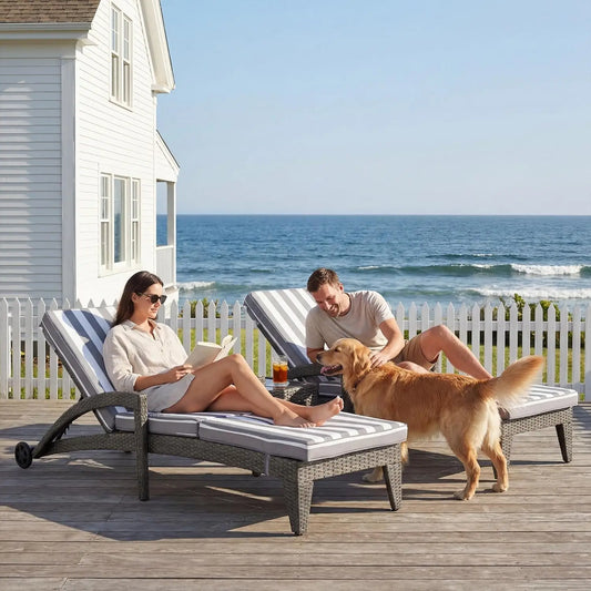 Two 5-Position Adjustable Upholstered Chaise Lounges Outdoor Wicker Set