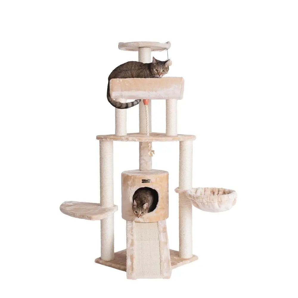 Cat Tower With Basket Lounge Ramp Condo Sisal Rope Wood Base Faux Fur