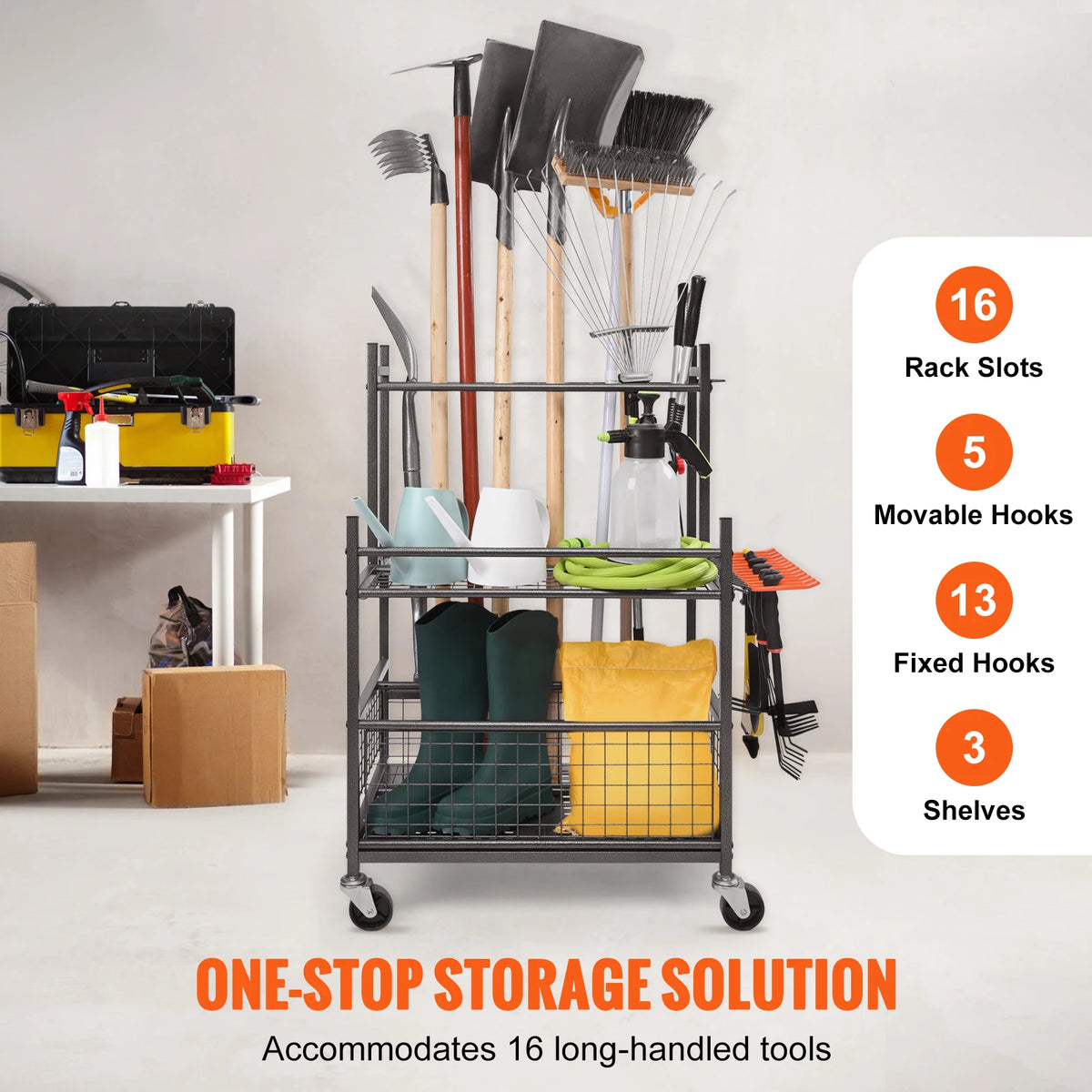SucceBuy Garden Tool Organizer Tower With Hooks And Wheels