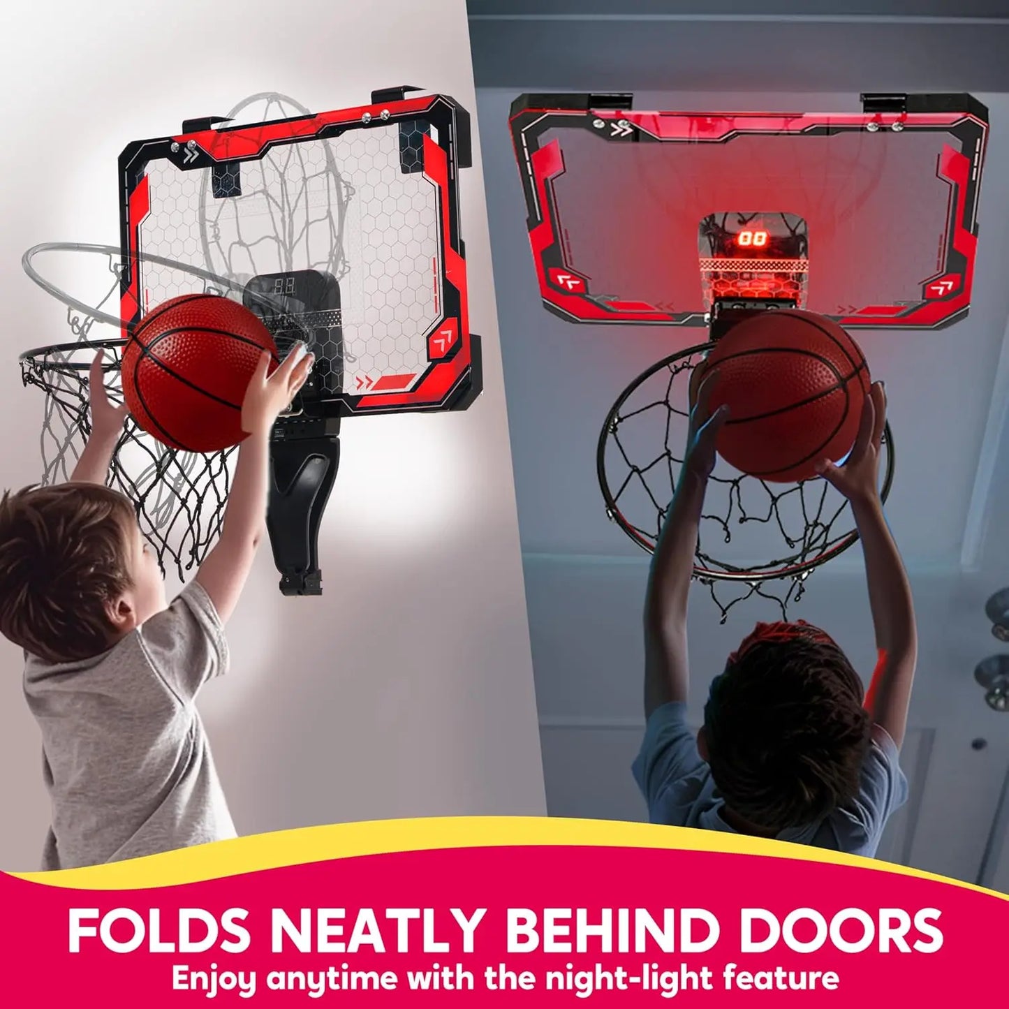Joyfy Mini Indoor Basketball Hoop Over The Door With LED Light Scoreboard