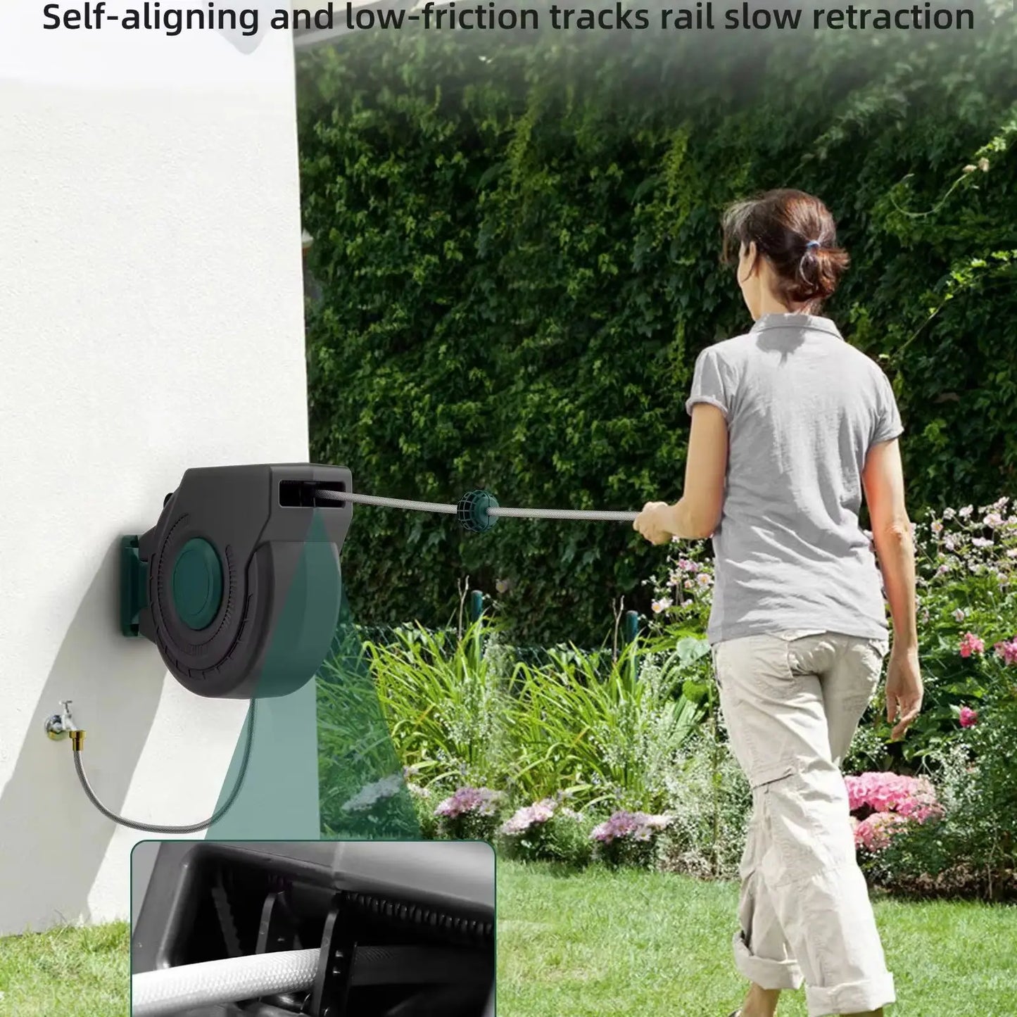 Retractable Garden Hose Reel With Slow Return, Wall Mount, Any Length Lock