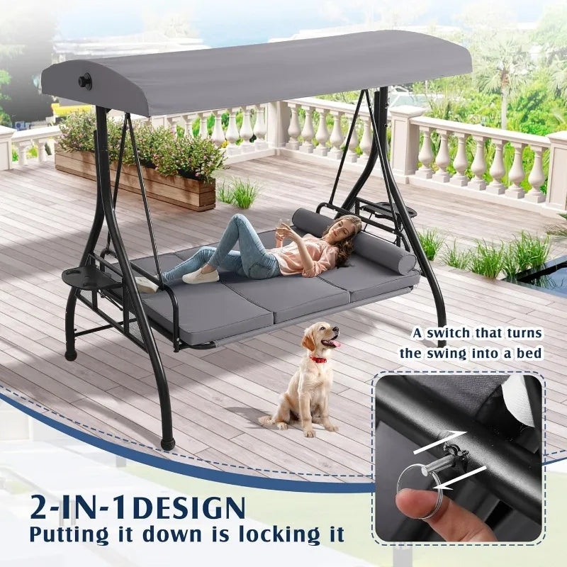 Abo Outdoor Porch Swing With Canopy Cup Holder 3 Seat