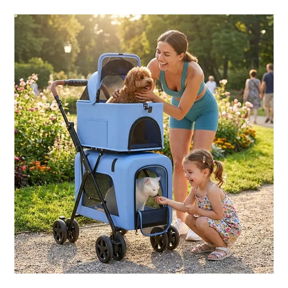 Foldable Double Pet Stroller For Two Small Dogs And Cats